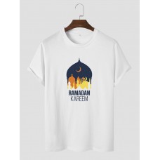 Men Cartoon Print Cotton Ramadan Hem Cuff Crew Neck Casual T  Shirt