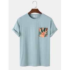 Men Tropical Leaf Chest Pocket Print Casual Short Sleeve T  Shirts
