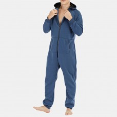 Men Mulit Pockets Thicken Loungewear Zip Down Jumpsuit Plain Hooded Pajamas