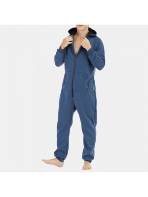 Men Mulit Pockets Thicken Loungewear Zip Down Jumpsuit Plain Hooded Pajamas