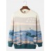Men 100  Cotton Landscape Drop Shoulder Pullover Knitted Sweaters