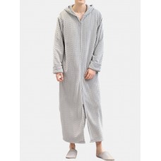 Men Flannel Plain Thermal Warm Loose Hooded Pajama Set Robe Zip Down Thicken Comfortable Loungewear