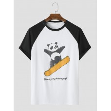 Men Surfing Panda Print Winter Sports Casual Short Sleeve Street T  Shirts