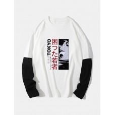 Men Japanese Anime Tokyo Print 100  Cotton 2 In 1 Long Sleeve T  Shirts