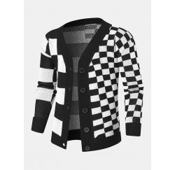 Men Checkerboard Patchwork Color Block Knitted Lattice Casual Cardigans
