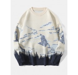 Men Landscape Mountain Drop Shoulder Loose Pullover Knitted Sweaters