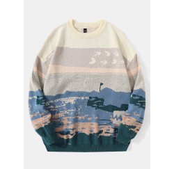 Men 100  Cotton Landscape Drop Shoulder Pullover Knitted Sweaters