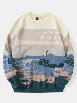 Men 100  Cotton Landscape Drop Shoulder Pullover Knitted Sweaters