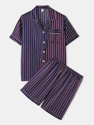 Mens Striped Smooth Revere Collar Pocket Button Up Home Faux Silk Pajama Set