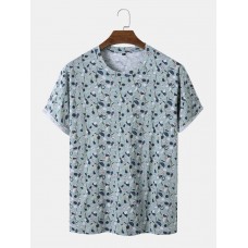 Men Cotton Floral Print Hem Cuff O Neck Short Sleeve Casual T  Shirt