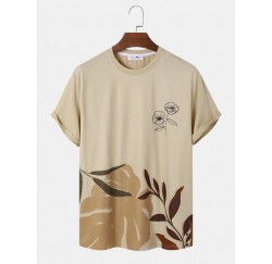 Men Flower   Leaf Print Crew Neck Casual Short Sleeve T  Shirts