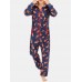 Men Funny Wolf Print Jumpsuit Loungewear Royal Blue Hooded Onesies With Pockets